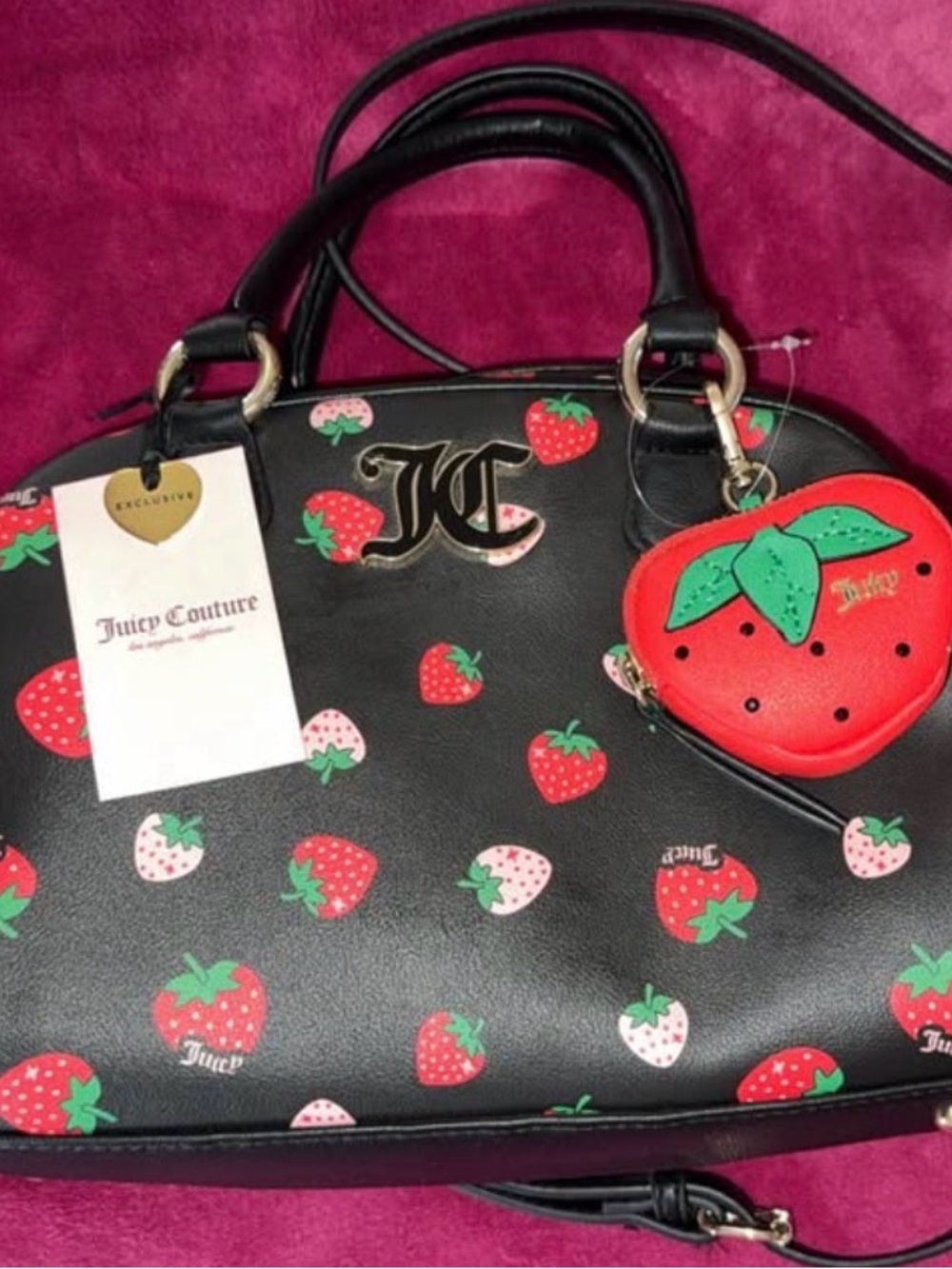 Juicy Couture Black Strawberry-Print Dome Satchel with Strawberry Coin Pouch